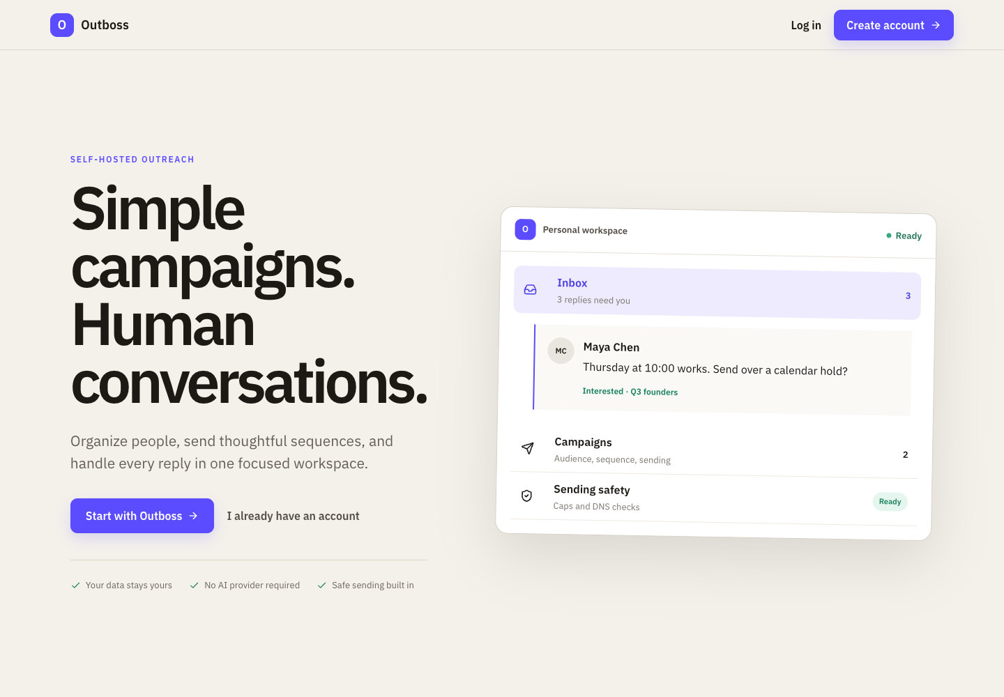 Outboss workspace showing inbox, campaigns, and sending safety